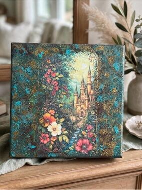 Fantasy Castle Floral Canvas in Teal and Gold